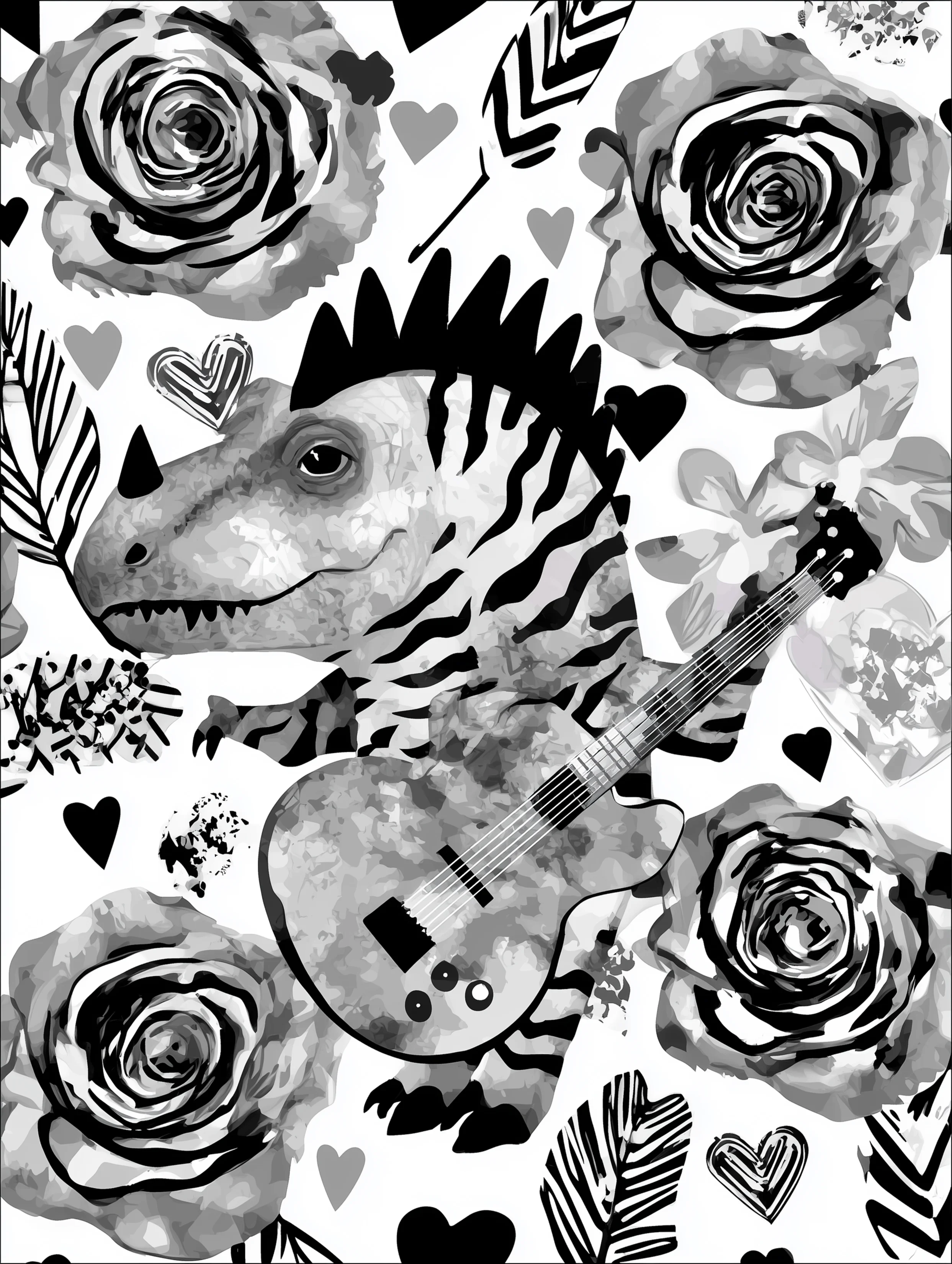 Free printable dinosaur coloring page for adults featuring a dinosaur playing guitar